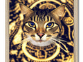 A tabby cat sitting next to a gold framed clock with gold foil design on it