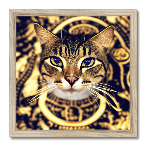 A tabby cat sitting next to a gold framed clock with gold foil design on it