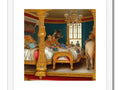 A bedroom scene with a bed and a carrousel in front of a mirror.