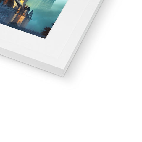 A white picture of an image on a photo frame with an electronic item on