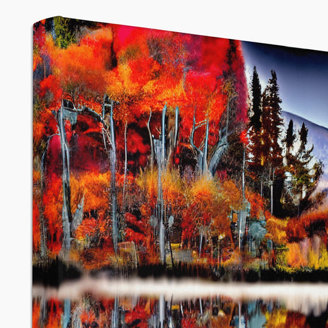 A colorful print print on a canvas and a view of a dark tree on a mountain