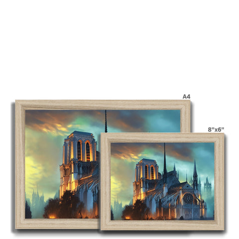A picture frame that has a black background of a large Gothic Cathedral building.
