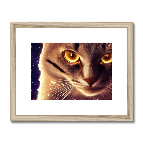 A photo with a silver frame behind a light blue cat, in a painting and a