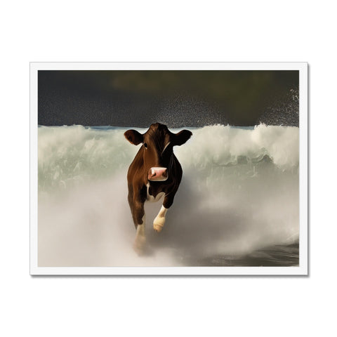A cow in a field walking across water in a sandy field.
