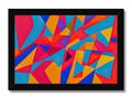 An art print with colorful geometric designs on it on the wall.