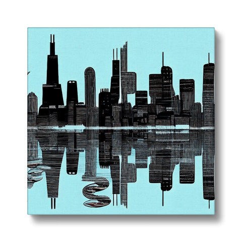 An art print on ceramic tile depicting a view of Chicago and the skyline.