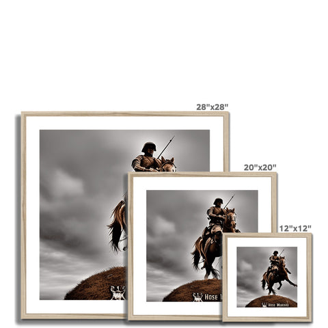 A set of photo frames with images of soldiers standing on a fireplace.