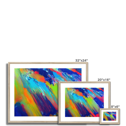 A wood frame contains two different versions of an art print in a wooden box.