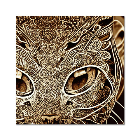 A silver and gold cat is standing on top of a silver foil print.