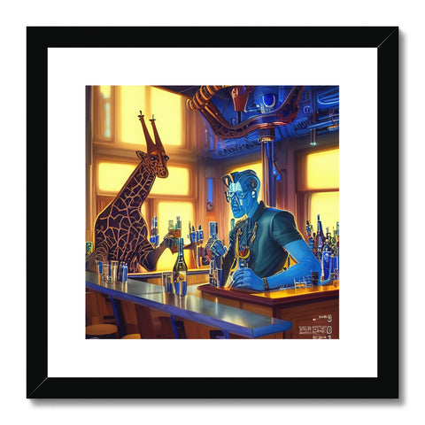 A blue framed picture of a giraffe standing on top of a barstool.