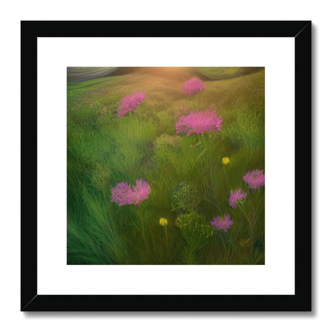 Art print of flowers in a garden surrounded by mountains.