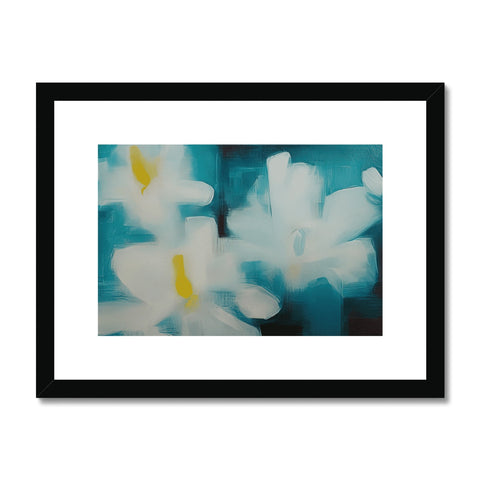 A photo of orchids on an art print with a black background.