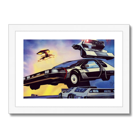 A framed picture of a person driving a jeep and a flying fighter jet.