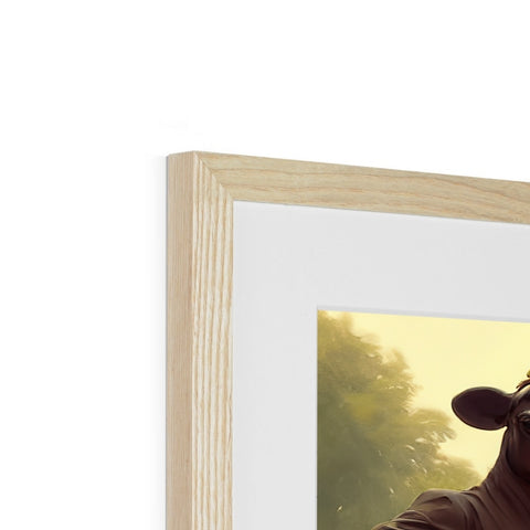 A cow is pictured in a photo on a wooden frame near the frame.