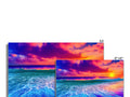 A blue and green art print screen covered in colorful images of a sunset.