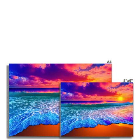 A blue and green art print screen covered in colorful images of a sunset.
