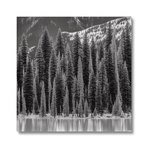 Art print of landscape of snow covered mountains with trees.