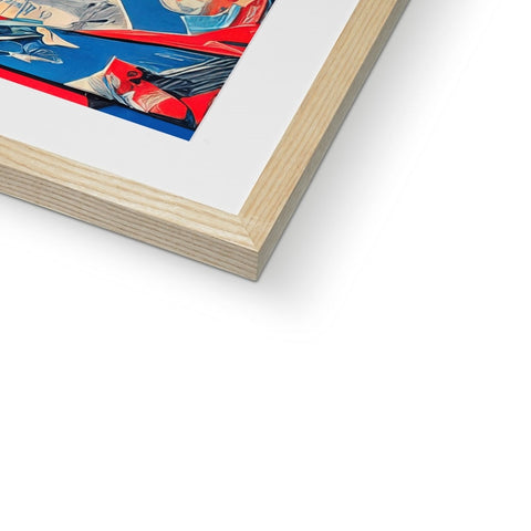 A picture print hanging in a wooden frame on a wall with a red and blue photo