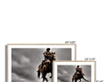 A man on horseback is in a white photo frame.