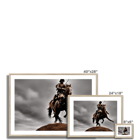 A man on horseback is in a white photo frame.