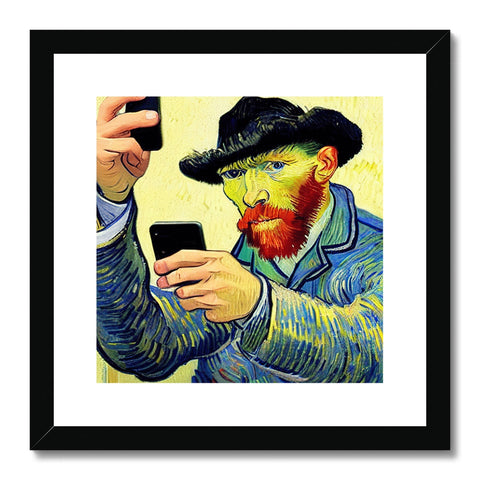 a man using a smartphone is holding it near an art print
