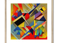 A colorful art print hanging in a wood frame is a simple square painting.