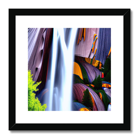 A colorful framed frame in the foreground by a water standing next to waterfalls.