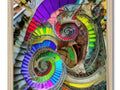 A hand made spiral stairway with a colorful scene on the inside with a picture of