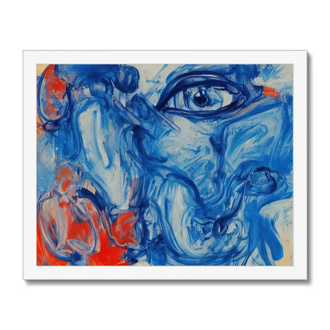 An art print showing a face on a painting in a white background.
