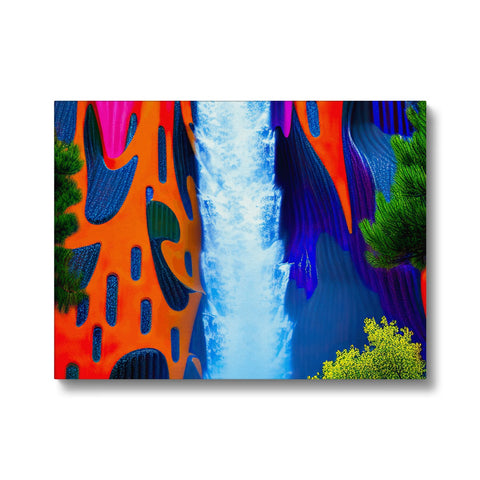 A waterfall, lake shore, and an interesting waterfall art print on a wall.
