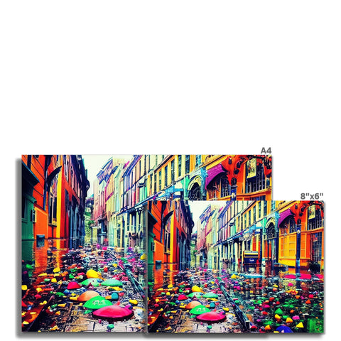 A man walking on a street across a rain filled street with a colorful art print.