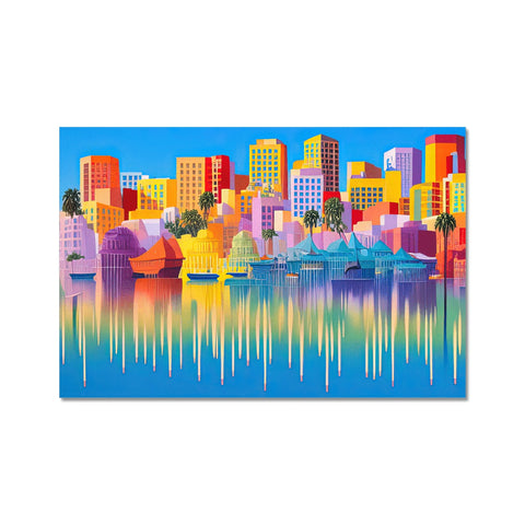 A lake with a boat and a city skyline next to colorful art print on a white