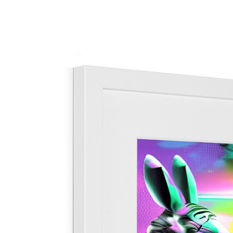 Bunny ears are on a rabbit on a picture by the front of a picture frame