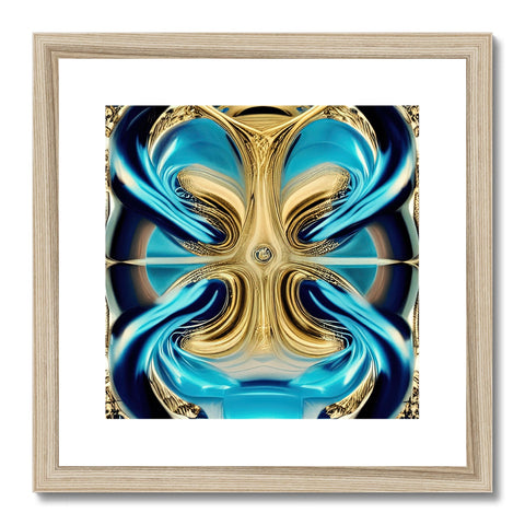 A blue, gold and white double shot framed print hanging on a wall by its frame