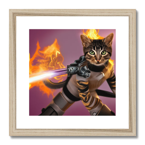 A framed photo of a cat with flames on a piece of paper.