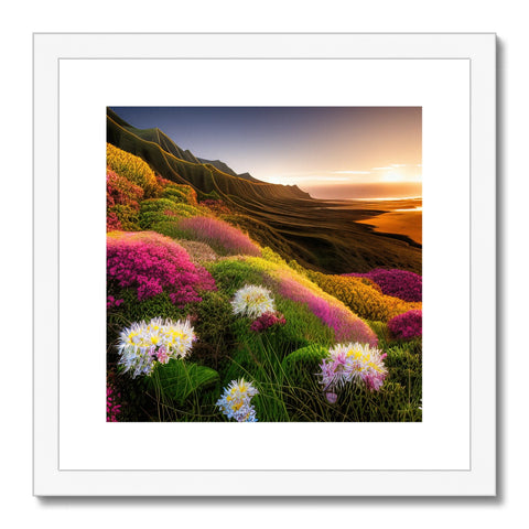 Art prints and colorful flowers on a green field and hills on the side of a hill