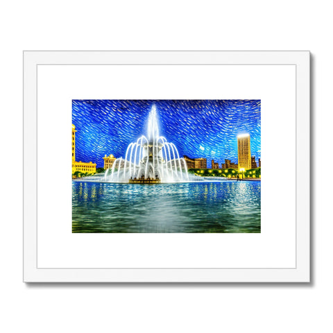 A picture of an art print of city skyscape near a fountain.