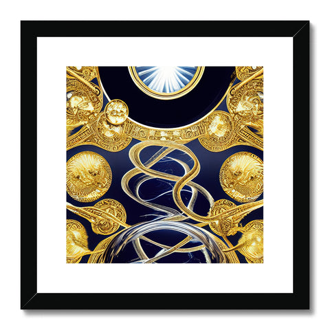 A picture of a gold and blue art print hanging on a wall with a silver glass