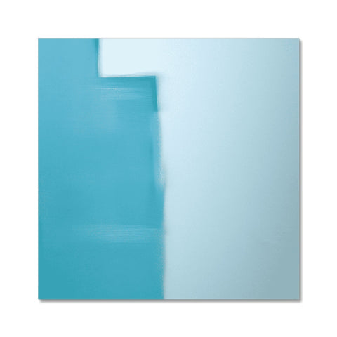 An abstract painting of a light blue car window next to a brick wall.