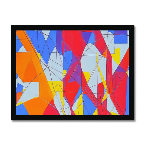 An orange, yellow, red and blue art print sitting on top of a tile tile