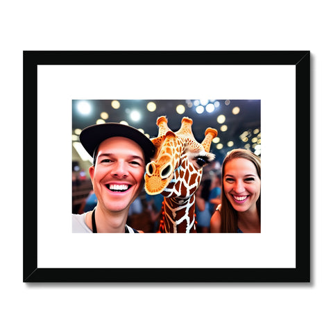 A couple of giraffe standing behind a wood framed frame that has a giraffe on