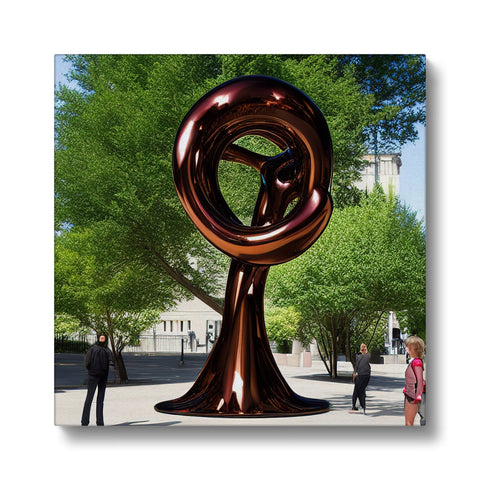 A large ring of a copper and silver oval metal sculpture that sits in a square in