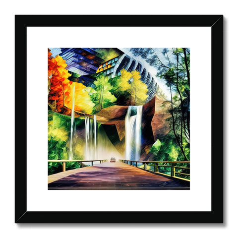 Art print of waterfalls and large sky next to a waterfall on a bridge and sign