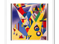 The artwork is on a computer art print with a variety of different geometric colors on it