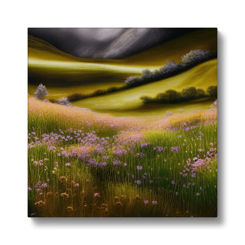 A close up of an open field at night, wide open grass filled with flowers.