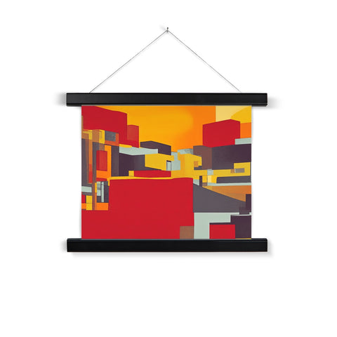 A rectangular print is hanging to display on a wall next to a window.