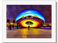 A circular frame filled with a large photo of the Chicago skyline in front of a building