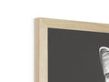 A photo of a white picture frame hanging on a wooden book shelf.