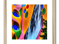 A framed large picture of flowing water surrounded by colorful shapes.