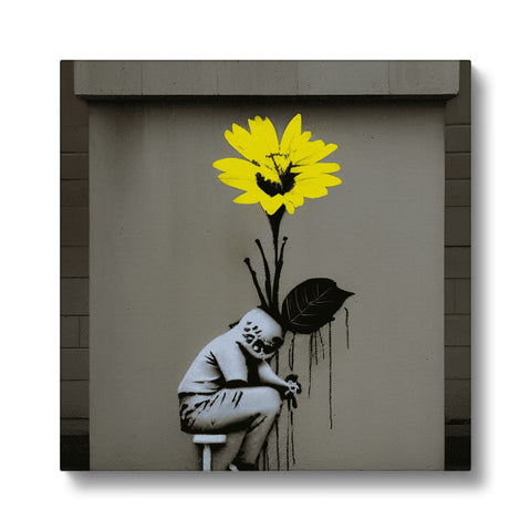 A person standing next to a wall with a yellow flower in the dirt and art print